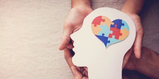 The image shows a pair of hands gently holding a cut-out silhouette of a human head in profile. Inside the head, there is a heart shape filled with colorful jigsaw puzzle pieces in red, blue, yellow, and green, symbolizing cognitive or emotional complexity, possibly referencing mental health or autism awareness.